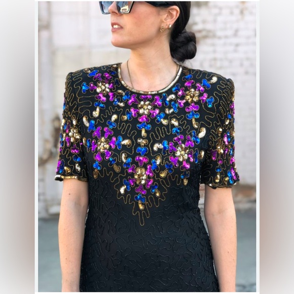 Vtg Sténay Black Gold Beaded Sequin Trophy Dress Silk India Size Xl Holidays - Picture 2 of 16